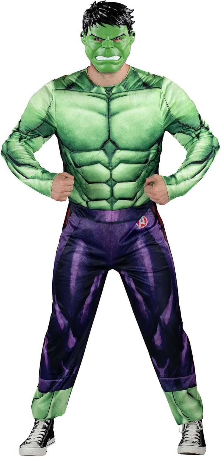 MARVEL Hulk Adult Costume - Padded Jumpsuit with Foil Logo and Plastic Mask