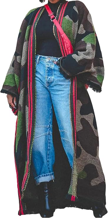 NRTHYE Women Camo Long Cardigan Duster Sweater Oversized Knit Coats
