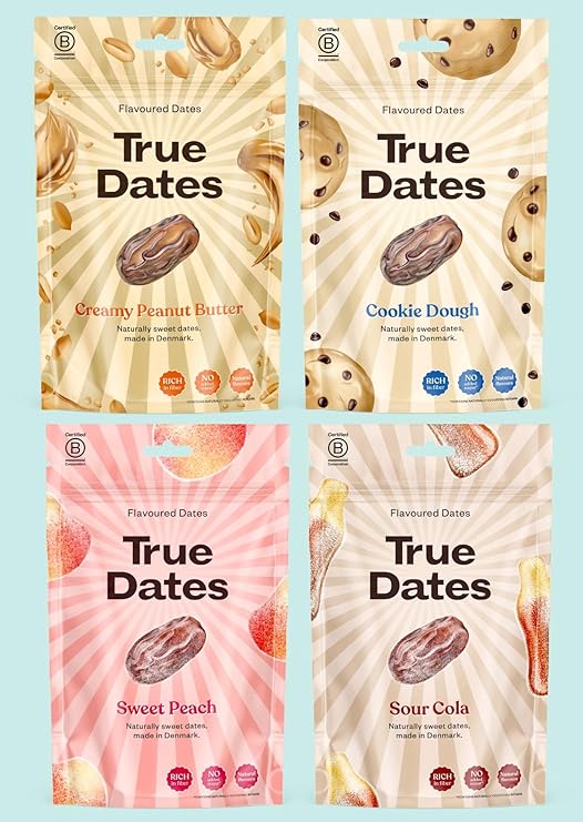 True Dates - MIXED 4 Flavours | Sour Cola, Sweet Peach, Creamy Peanut Butter, Cookie Dough | naturally flavoured sweet dates | No added sugar, Vegan, Palm Oil Free | 4x100 g