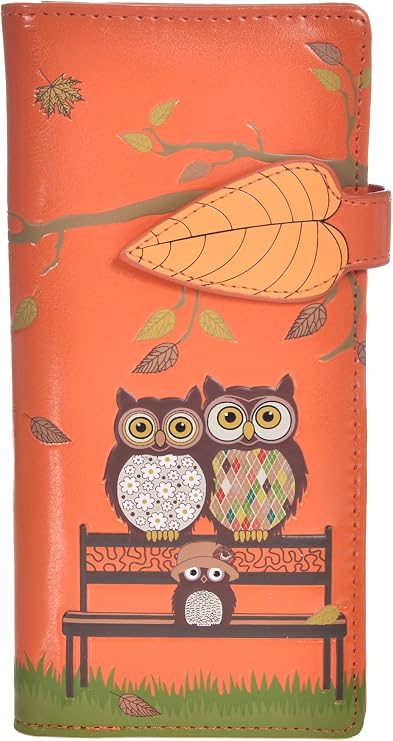 Shag Wear Women's Premium Vegan Clutch Cardholder Wallet Zipper Purse with Pretty Autumn Owl Orange