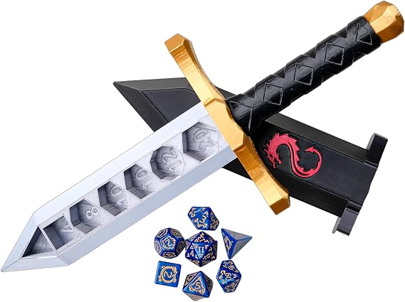 3D BEST-Q Dice Sword Holder (Dragon-Patterned 7PCS D20 Dice Set Included), Custom Polyhedral Dice Storage for Tabletop RPG - Dungeons and Dragons - DND - D&D (Gold)