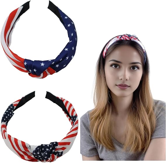 2 Pack Patriotic Knotted Headbands for Women - Red White Blue 4th of July Hair Accessories Headwear Hair Band for Memorial Day Independence Day Party Supplies