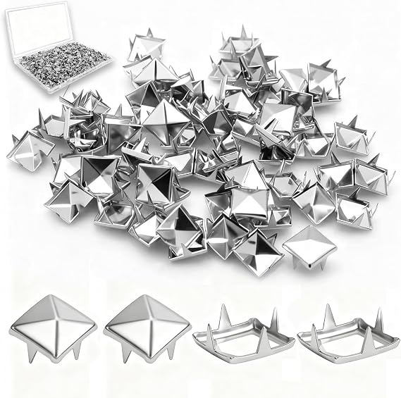 1000PCS 10mm 4-Prong Square Spikes, Silver Metal Pyramid Studs for Crafts, Punk Style Rivets for Leather Jacket, Clothing, Bag, Dog Collar, Durable & Easy to Install