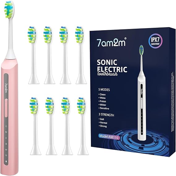 7AM2M Sonic Electric Toothbrush with 8 Brush Heads and 15 Adjustable Modes,High Power Toothbrushes(Pink)