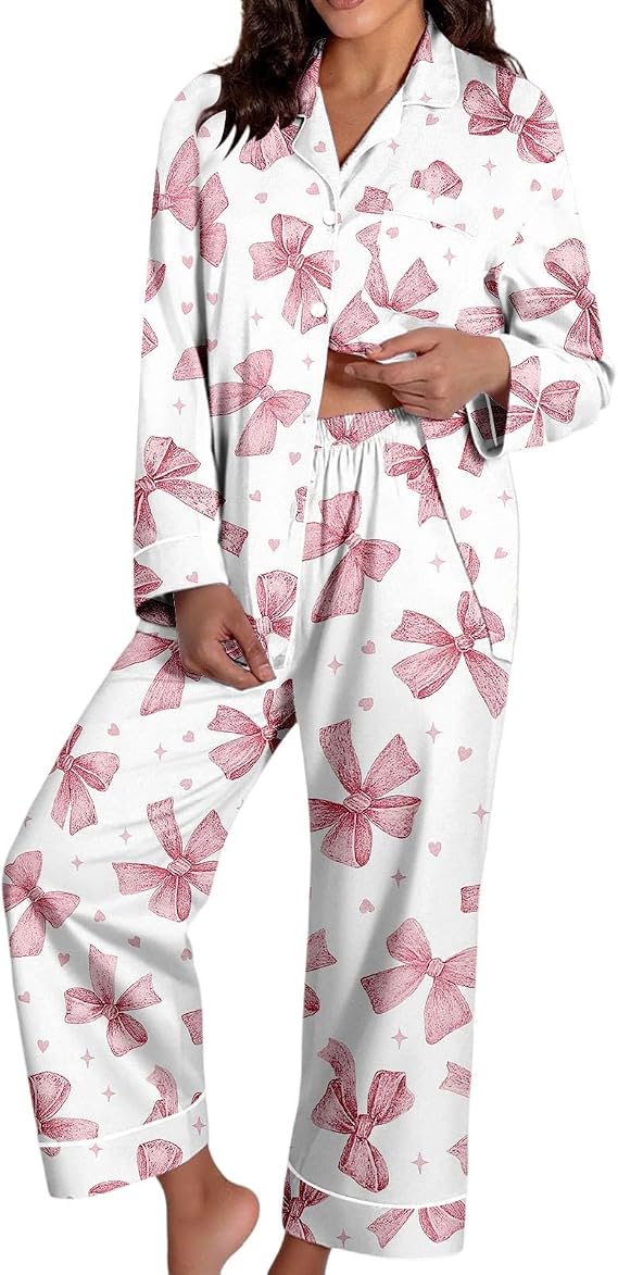 Cute Pajama Sets For Women Valentines Long Sleeve Sleepwear 2 Piece Bow Printed Outfits Button Up Pjs Set Loungewear