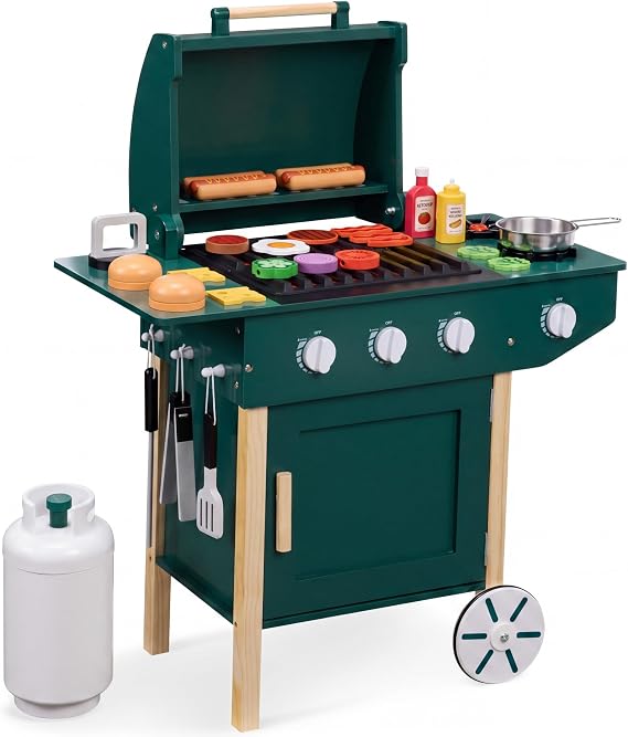 Best Choice Products Kids BBQ Grill Playset, Wooden Play Kitchen Toy w/28 Accessories, Realistic Toy Grill with Clicking Knobs, Side Burners & Storage, Indoor/Outdoor for Toddlers, Boys & Girls, Green
