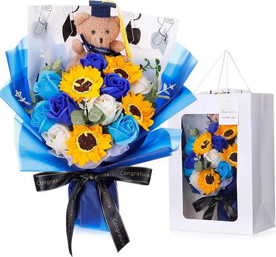 Yinder Class of 2026 Graduation Bear Bouquet 13.8" Scented Soap Rose and Sunflower Bouquet with Mini Plush Grad Bear Graduation Gifts for Daughter Son Party Favors(Royal Blue)