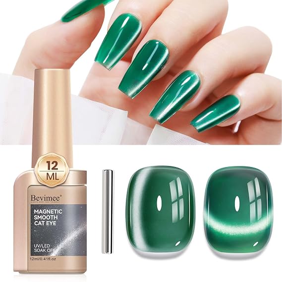 Dark Green Cat Eye Gel Polish, Magnetic Gel Nail Polish | Summer Color Moonlight Glitter Crystal Ceramic Emerald Green Nail Art Long Lasting Soak Off 12ML
