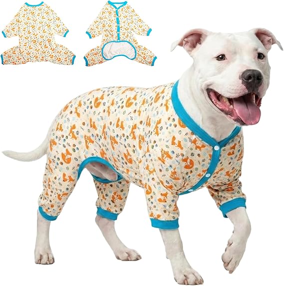 LovinPet Pitbull Pajamas for Dogs Large, Lightweight Stretchy Flannel Fabric, Tan Fox Print, Big Dog Jumpsuit, Uv Protection Shirt, Easy to Wear Adorable Big Dog Clothes,L