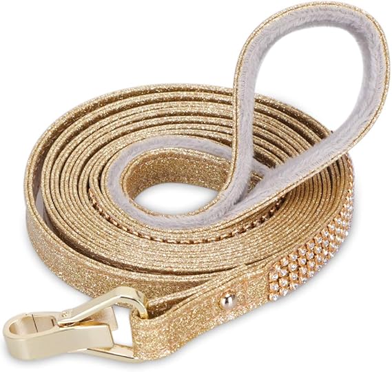 Dog Leash, [Bling Rhinestones] Premium PU Leather Durable and Soft 6 FT Lead for Control Safety Training, Walking Small to Medium Dogs Gold