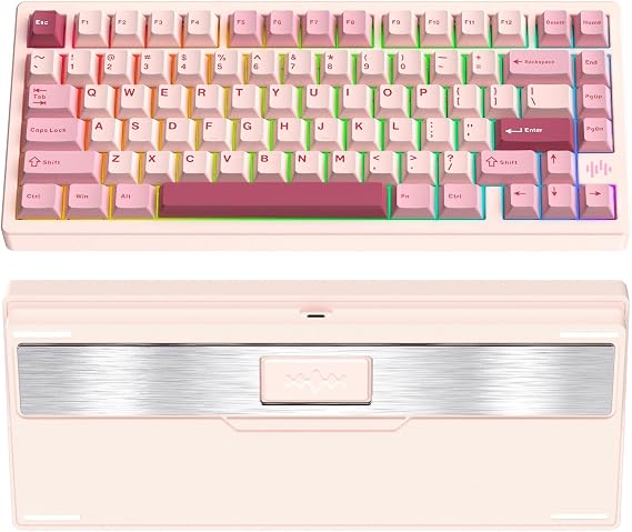 KEEBMONKEY PMOKEY Wave 75 CNC Aluminum Quick Release Tri-Mode Wireless Gaming Keyboard,QMK/VIA Tri-Mode Mechanical Keyboard with 8000mAh Battery,Hot-Swappable with RGB for Windows/Mac/PC (Pro Pink)