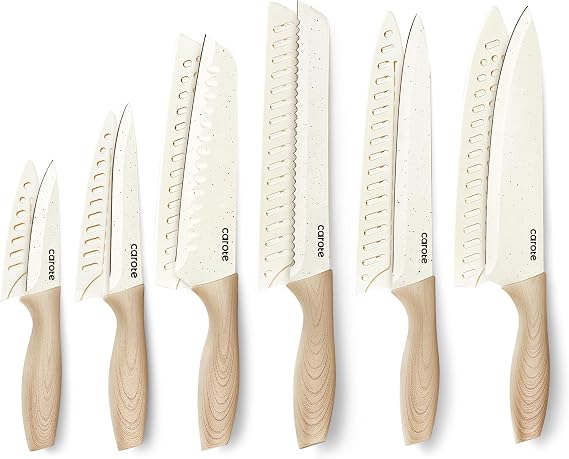 CAROTE 12-Piece Knife Set, Knives with Wood-Grain Finish Handles, White | 6 Blade Guards, Stainless Steel Blades, Ceramic Nonstick Coating, Long-Lasting Sharpness, Rust-Resistant, Camping, RV