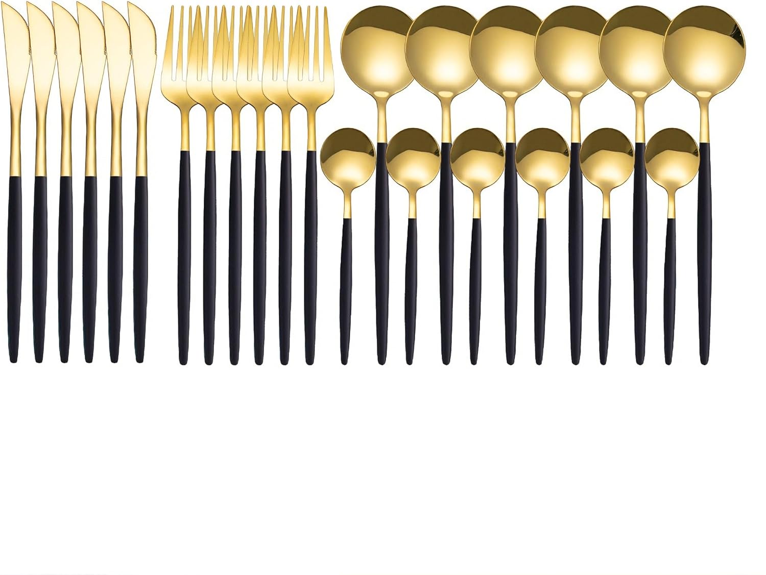 24-Piece Gold Cutlery Set, Food-Grade Stainless Steel Flatware Set for 6 with Knife Fork Spoon, Mirror Polished & Dishwasher Safe Silverware Set for Home Restaurant, Compact & Lightweight-Goldblack