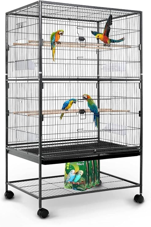 Large Rolling Black Flight Cage Stand Wheels 132x79x51.8cm Metal Bird Cage Tray For Parrot Cockatiels Quaker Parakeets Parrot Budgies Canary