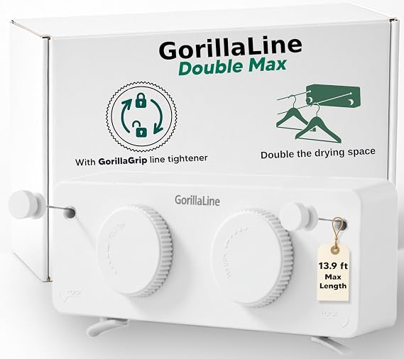 GorillaLine Max - Retractable Clothesline Indoor Outdoor Clothes Line - Heavy Duty Clothes Drying Laundry Line - Wall Mounted Drying Rack - Air Dry Clothing - Max Tighten with GorillaGrip