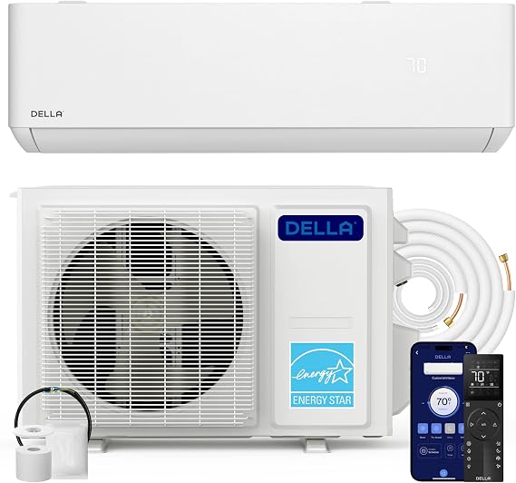 DELLA 12000 BTU Mini Split AC, Soft Airflow, 25 SEER2 230V, Ultra Hyper Heat Down to -22F, Energy Star, Heat Pump, Up to 550 Sq. Ft, Smart WiFi Alexa, 1 Ton Ductless Inverter System, 16.4ft Kit