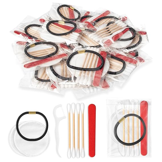 twoworld 50 Bulk Hotel Vanity Kit Individually Wrapped Vanity Kit Travel | Hotel Hospitality Supplies,Hygiene Products Include Disposable Cotton Pads,Cotton Swabs,Hair Tie,Nail File,Dental Floss