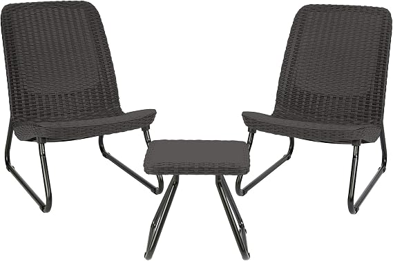 Keter Rio 3 Piece Resin Wicker Patio Furniture Set with Side Table and Outdoor Chairs for Front Porch and Backyard Decor, Dark Grey