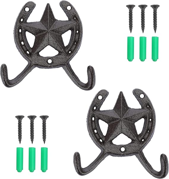JUXYES Heavy Duty Cast Iron Western Horseshoe Star Hat Hook with 2 Hanger