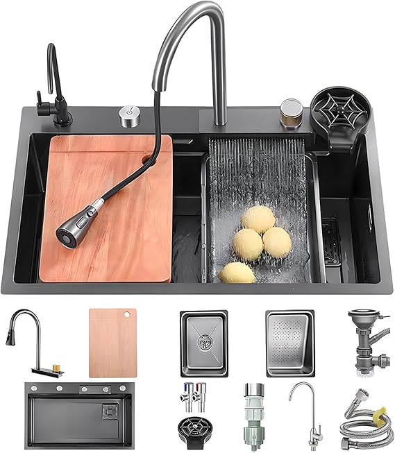Kitchen Sink 80 x 45 cm, Stainless Steel, Undermount, Modern, Black-gray-b, 4 Holes, 22 cm Deep