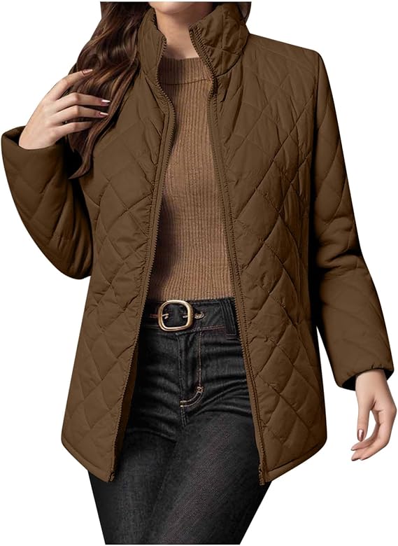 Jackets For Women Trendy Stand Collar Zip Up Diamond Quilted Coat Lightweight Solid Winter Jacket With Pockets