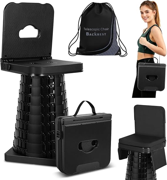 Collapsible Stool with Backrest & Cushion, Adjustable Height Square Telescopic Camping Stool, Heavy Duty 550LBS Capacity Portable Folding Stool with Storage Pocket for Fishing Hiking BBQ