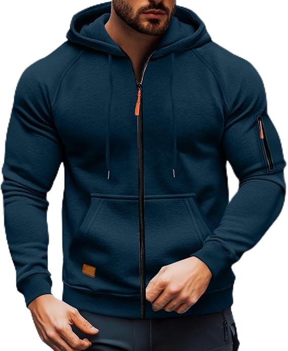 Hoodie for Men Zip up Winter Fleece Hood Jacket Casual Tactical Hoodies Long Sleeve Outdoor Sweatshirt with Pockets Navy