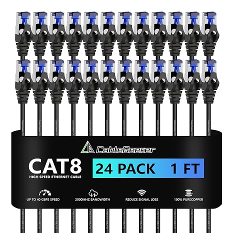 CableGeeker Cat8 Slim Ethernet Patch Cables, 1 ft, 24-Pack, Black