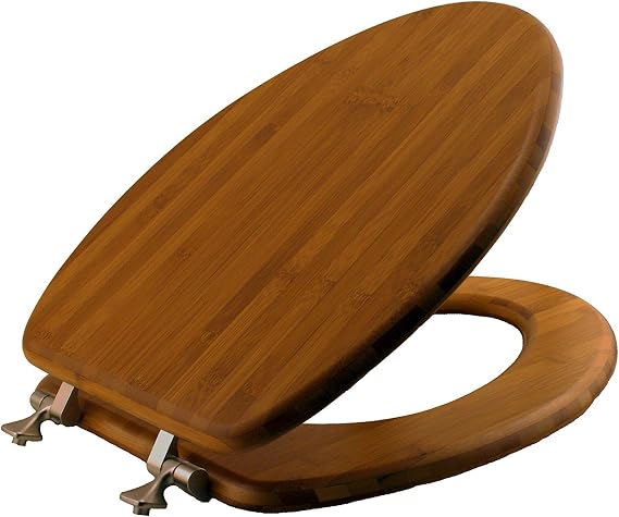 MAYFAIR 19401NI 568 Solid Bamboo Toilet Seat with Brushed Nickel Hinges, ELONGATED,Dark Bamboo