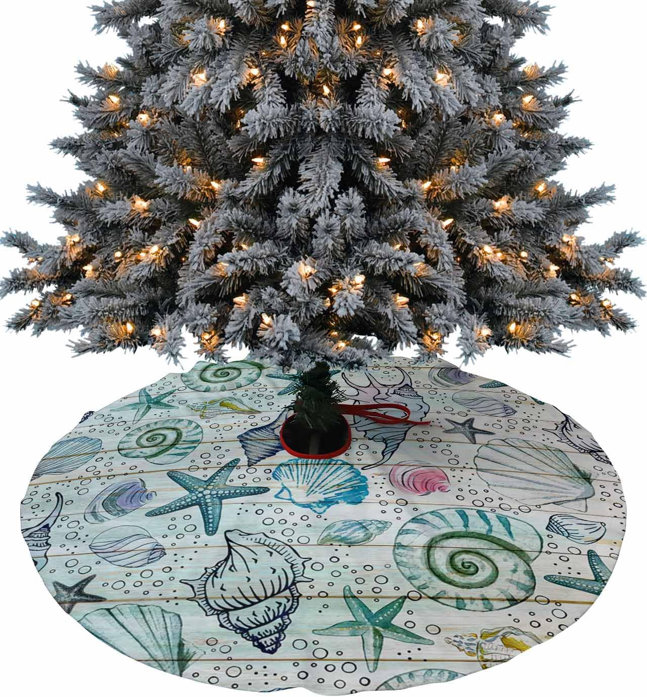 Teal Wood Coastal Christmas Tree Skirt 36 Inches Large Christmas Skirt Tree, Summer Beach Nautical Bubbles Tree Skirt Christmas Decorations for Fireplace Party Holidays Indoor Outdoor