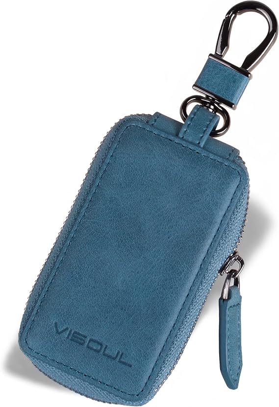 VISOUL Leather Car Key Fob Case Holder for Men and Women, Zipper Keychain Protector Cover with Metal Hook for House Keys