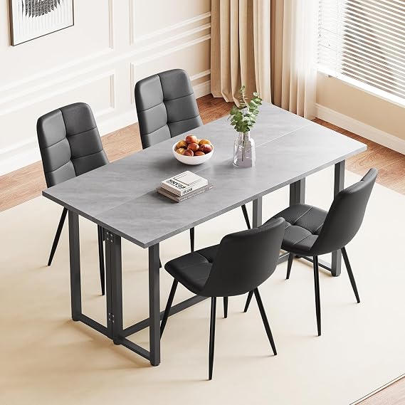 Extendable Dining Table and Chairs Set 4, Grey Folding Table with Upholstered 4 Black Fabric Chairs for Dining Room,Kitchen
