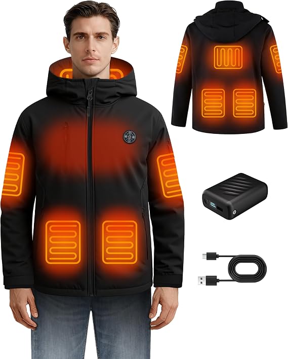 Mens Heated Jacket with App Control, 20000mAh Battery Pack, Heated Coat for Winter Outdoor