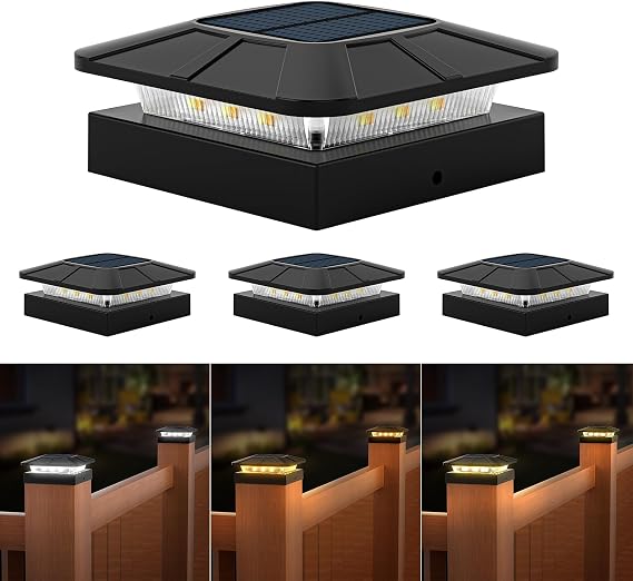 4x4 Solar Fence Post Cap Lights Outdoor Waterproof, 4 Pack, Black