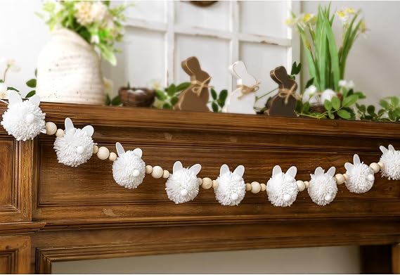 Easter Garland Decorations: Cute White Bunny Easter Garland with Wooden Beads, Rustic Rabbit Banner Decor for Mantel Fireplace Farmhouse Home Office Wall Indoor Outdoor Spring