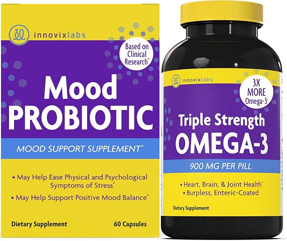 InnovixLabs Mood Probiotic & Triple Omega Bundle Mood Probiotic (60 Capsules) Triple Strength Omega-3 Fish Oil (200 Softgel). Supports Brain, Joints and Immune Health*