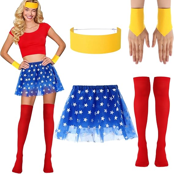 4 Pcs Halloween Red Blue Gold Women Costume Set | Red Blue Gold Costume for Woman, Star Tutu Skirt with Stockings Yellow Belt, Halloween Party Cosplay Hero Theme