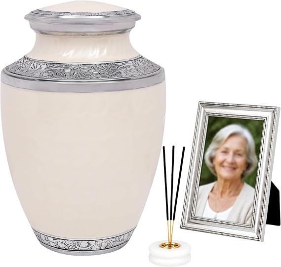 CLEENTABLE Cremation Urn for Human Ashes Adult Handcrafted Metal Memorial Urn with Secure Screw Lid, Decorative Funeral for Men & Women, 10 Inches Height x 6.5 Inches Width (White & Silver)