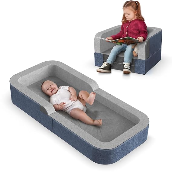 Derson Toddler Travel Bed, Portable Travel Beds - Foldable Soft Foam Floor Cot with Washable Cover, 2-in-1 Convertible Sofa Bed for Toddler and Kids for Indoor & Outdoor Use (Blue)