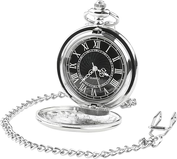 Pocket Watch for Men with Black Dial and Chain Quartz Roman Numerals