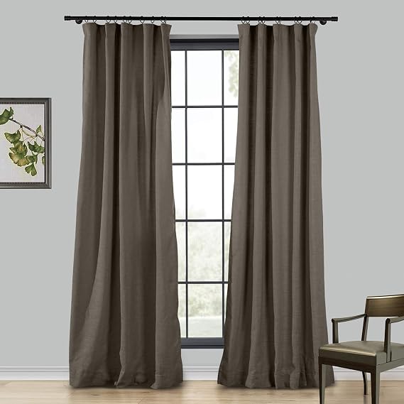 TWOPAGES 72 W x 96 L Chocolate Back Tab Curtain for Kitchen Window, Heavyweight Room Darkening Natural Solid Flax Linen Curtain, 1 Panel, 4 in 1 Header