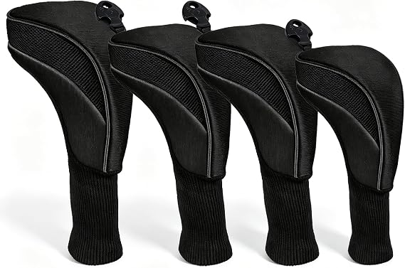 Golf Club Head Covers Set (4 Pcs) for Fairway Woods, Driver, and Hybrids - Long Neck Mesh Design with Interchangeable 3/4/5/6/7/X Number Tags - Golf Accessories for Men and Women