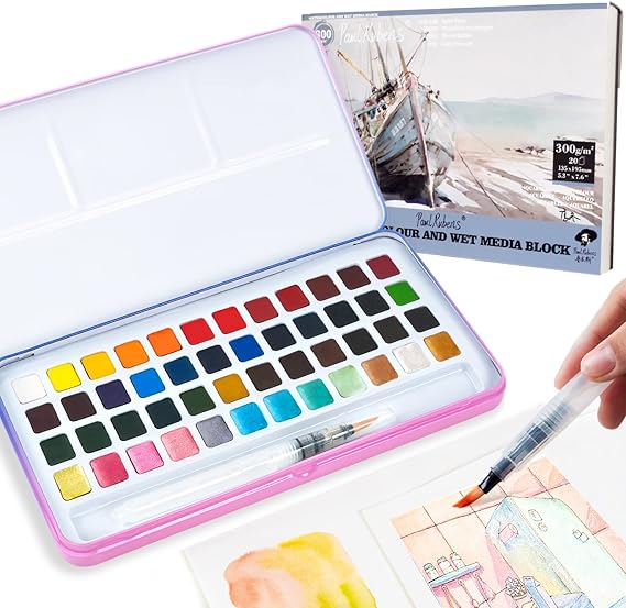 Meiliang 48 Colors Watercolor Paint Set with 36 Vibrant Colors 12 Glitter Colors and Watercolor Block, High Transparency Not Chalky, Easy to Rewet and Mix Suitable for Beginners and Professionals