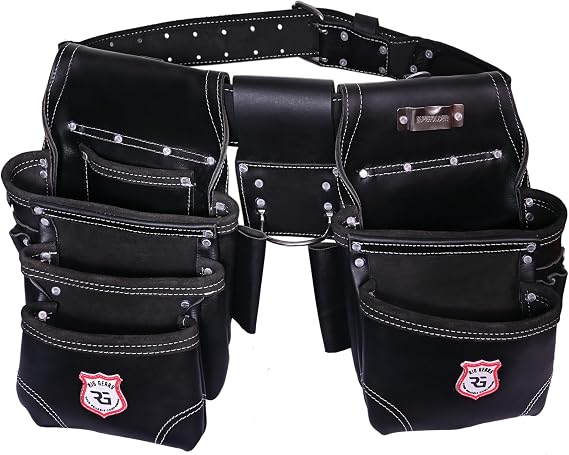 Professional 11 Pockets Leather Tool Pouch Bags/Carpenter Tool Belt Set | Heavy-duty Drywall Pouch, Electrician Pouch, And Framing Tool Belt Pouches (Black, Standard)