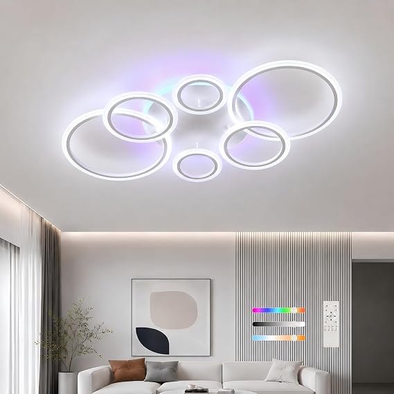 70W Dimmable LED Ceiling Light with Remote, 6 Ring Flush Mount [Energy Class E]