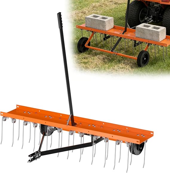 48" Tow Behind Dethatcher, Pull Behind Lawn Dethatcher with 24 Rust-Proof Tines & Heavy-Duty Tires, Tow Behind Rake for Yard & Garden Thatch and Dead Grass Removal, Fit Lawn Tractors, ATV, UTV, Orange