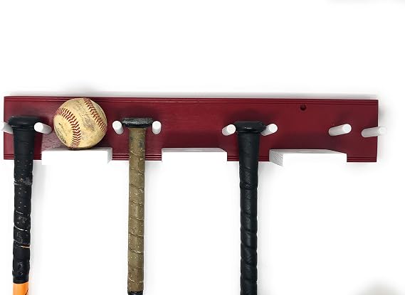 Baseball/Softball Bat Ball Display Holder Red Rack 4 Full Size Standard Bats 3 Balls Black Wood Display Trophy Awards