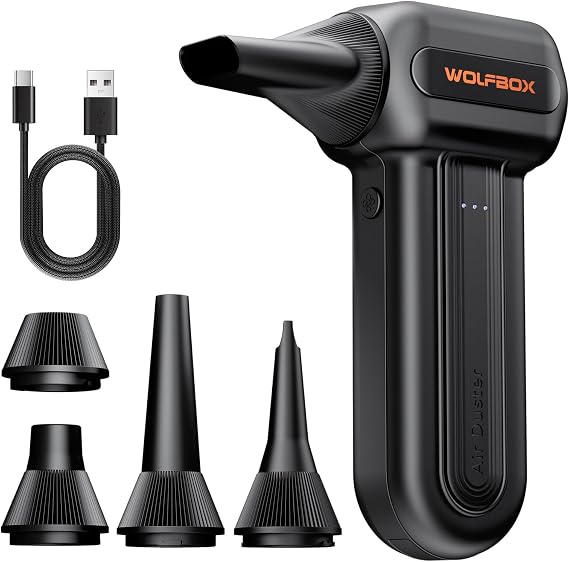 WOLFBOX MF60 Compressed Air Duster, 3-Speed Adjustable, Electric, Cordless | 110,000 RPM, Rechargeable, Air Blower, Fast Charging, PC Keyboard Cleaning, Car, Home, Black, 0.5 lb Lightweight