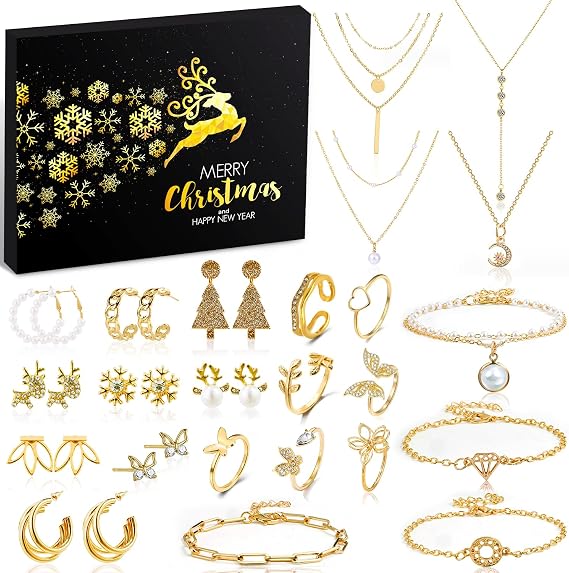 Jewelry Advent Calendar 2025 for Adult Women, 24 Day Christmas Countdown Calendar with Gold Earrings, Necklaces, Bracelets, and Rings, Christmas Surprise Gift for Wife Friends