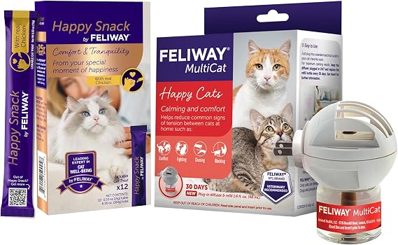 FELIWAY MultiCat 30 Day Cat Calming Pheromone Diffuser Kit & Happy Snack Delicious Calming cat Treats (12-ct Chicken Flavor)
